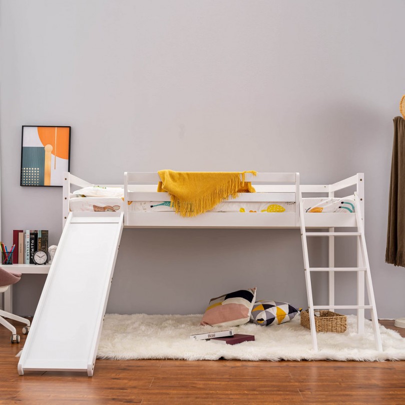 Bunk Bed with Slide, Mide Sleeper Wooden Cabin Bed 3FT Single Bed with Ladder for Kids, Children, Grey, for Kids - Custom Alt by Opencart SEO Pack PRO