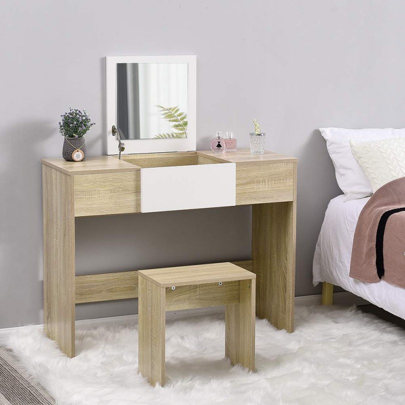 Modern Dressing Table Set with Flip-up Mirror Wood Makeup Table Vanity Console Dresser with Stool Bedroom Furniture Girls Gift Modern Dressing Table Set with Flip-up Mirror Wood Makeup Table Vanity Console Dresser with Stool Bedroom Furniture Girls Gift