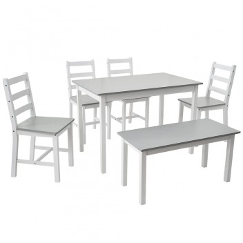 Solid Wood Pine Dining Table Set With 4 Chairs, 1pc Bench Set Kitchen Room Furniture